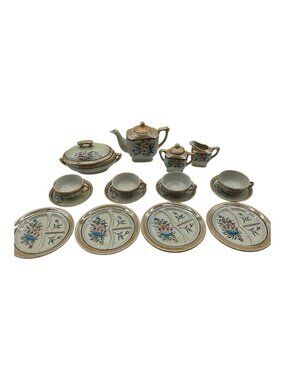 Child's VTG Hand Painted Porcelain Lusterware Tea Set w/Divided Dinner Plates